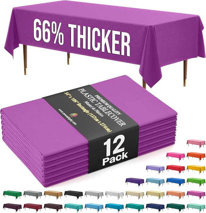 Exquisite 66% Thicker Premium Plastic Table Cloth Rectangle Table Cover 0.5 Mil 12 Pack Magenta Table Cloth 54 Inch x 108 Inch Disposable Tablecloth Won't Tear Easily Like Cheap Thin Brands