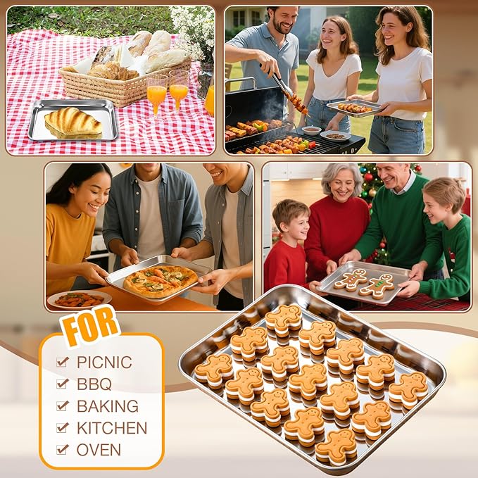 6 Pcs Baking Sheet Pan Set 9 x 6.7 x 1 inches Cookie Sheet Small Toaster Oven Pans Stainless Steel Tray Barbecue Grill Pan Rectangle Trays Oven, Non-stick, Easy Clean