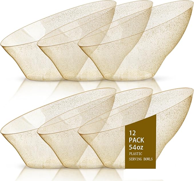 bUCLA 12 Pack Gold Glitter Plastic Serving Bowls - 54 OZ Angled Serving Bowls Disposable for Chip,Candy, Snack,Salad & Fruit - Ideal for Party, Wedding & Thanksgiving