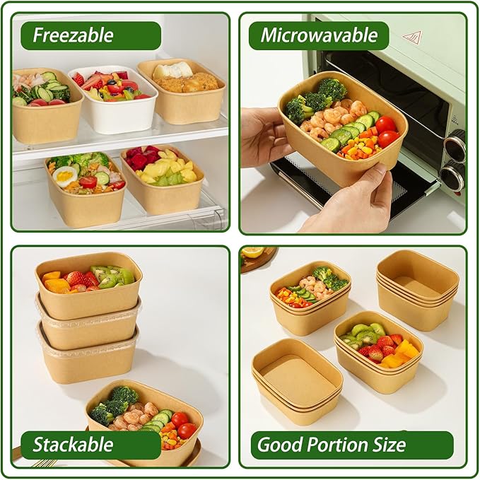 50-Pack 35oz Disposable Kraft Paper Bowls【with Lids and Forks】, Large Meal Prep Containers To Go Food Prep Containers, Leakproof Paper Bowls Treat Soup Serving Bowl, Microwave Safe for Hot/Cold Food