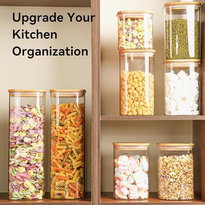 37 oz Glass Food Storage Jars - Set of 6 Glass Canister Sets Square Pantry Storage Containers with Lids for Serving Tea, Coffee, Flour, Sugar, Candy, Cookie, Spice and More
