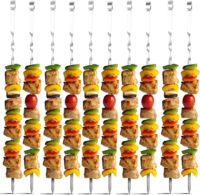 Antallcky 12 Pack Kabob Skewers BBQ Barbecue Skewers Stainless Steel Sticks Heavy Duty Large Wide Reusable with Nonslip Ring Handle Ideal for Shish Kebab Chicken Shrimp and Vegetables (22 inch)