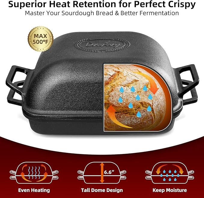 Davivy 9QT Large Cast Iron Bread Loaf Pan with Lid, Pre-Seasoned Dutch Oven for Sourdough Bread Baking, Non-stick Cast Iron Sourdough Baking Pan with Lid