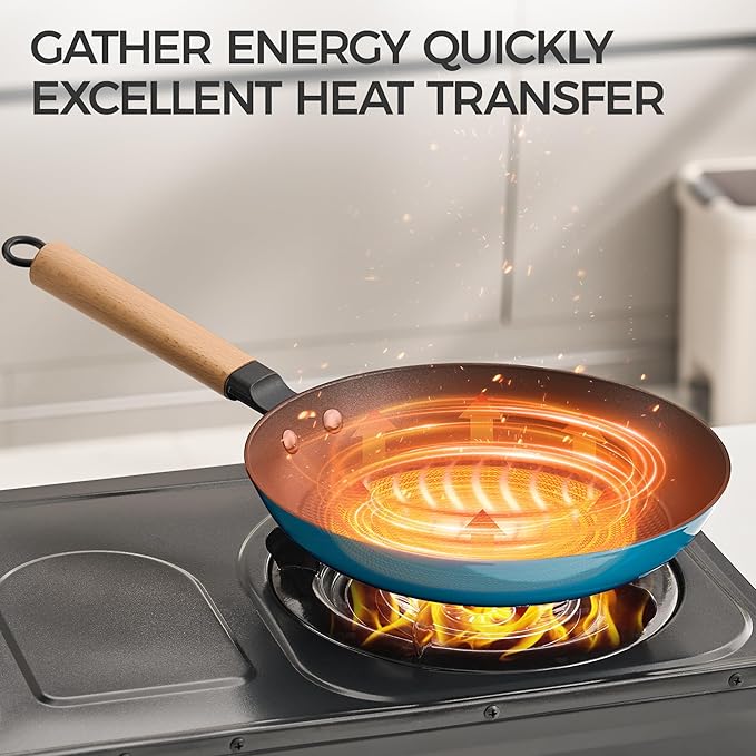 YUTANN 12" Non-stick Cast Iron Skillet,Enameled Pre-seasoned Frying Pan with Detachable Wooden Handle,Lightweight,Non-toxic,Dishwasher Oven Safe (500°F)