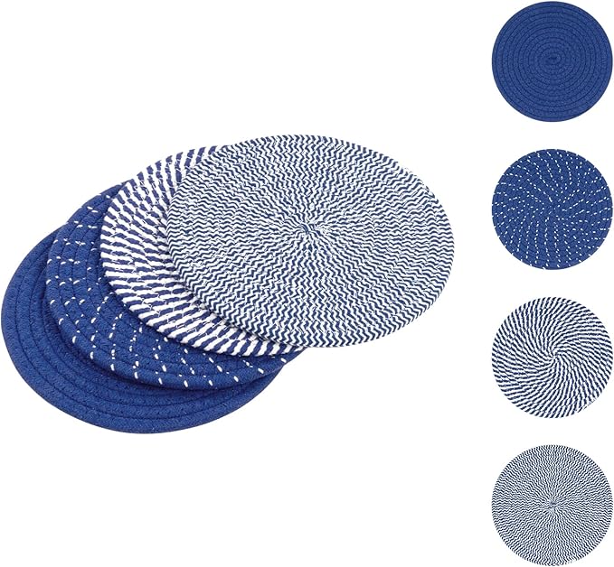 SHACOS 8 Inches Trivets for Hot Dishes, 4 Pieces Cotton Trivets Mats for Kitchen, Hot Pads for Countertops and Table, Heat-Resistant Pot Holders for Hot Pots and Pans(Deep Blue, 4pcs)