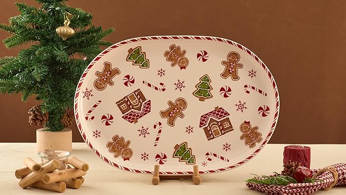 Bico Traditional Christmas Gingerbread Man Ceramic 16 inch plus 12 inch Ceramic Oval Platter, Set of 2, for Serving Turkey, Steak, Salad, Microwave & Dishwasher Safe