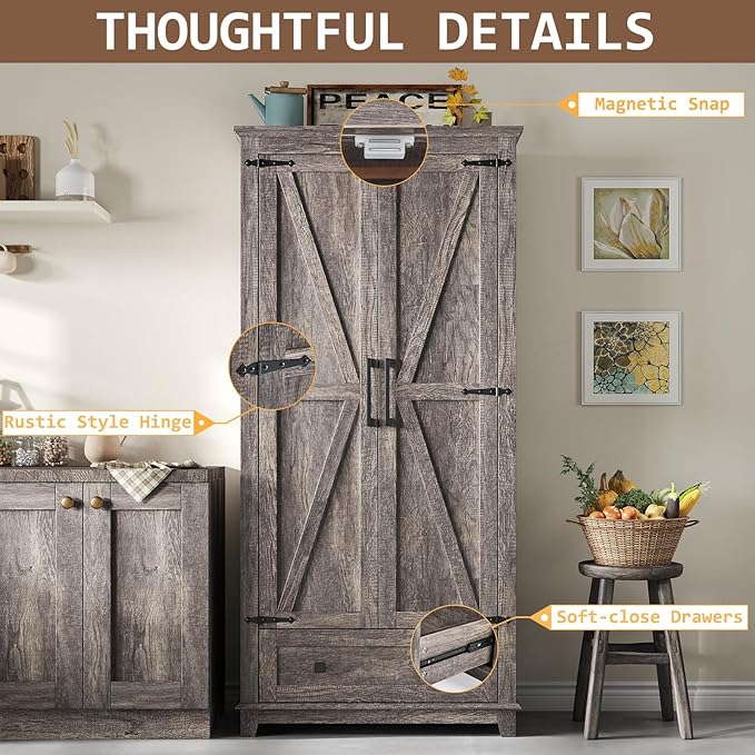 Farmhouse Kitchen Pantry Cabinet, 72" Tall Storage Cabinet with Adjustable Shelves & Barn Doors, Freestanding Kitchen Cupboard for Dining Room, Living Room, Gray