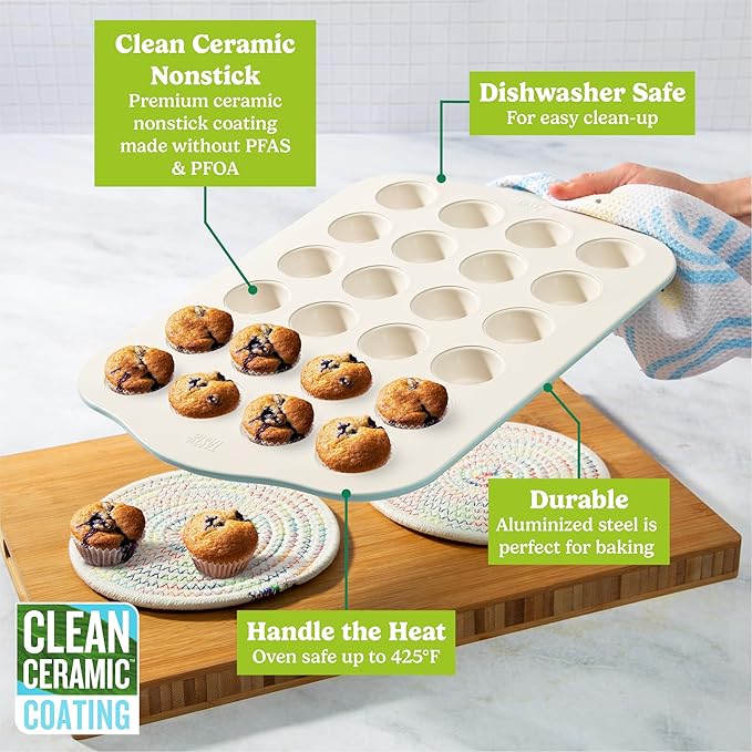 Tasty Clean Ceramic 24-Cup Mini Muffin Pan, Durable Aluminized Steel for Professional Results, Clean Ceramic Nonstick Coating, Oven Safe to 425°F, Dishwasher Safe, Aqua