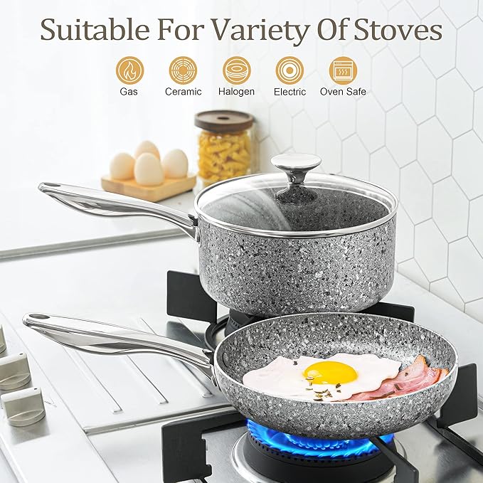 MICHELANGELO 8 Inch Frying Pan with Lid, Ultra Nonstick Small Fry Pan with Granite Interior, Granite Stone Skillet 8 Inch Nonstick, Egg Pans for Cooking, Oven Safe, Induction Compatible
