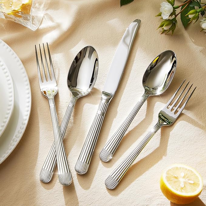 KINGSTONE 10-Piece Silverware Set, 18/10 Stainless Steel Flatware Set - Luxury Elegant Striped Cutlery with Dishwasher Safe, Durable for Family Dining, Catering, Weddings, Anniversaries Gift