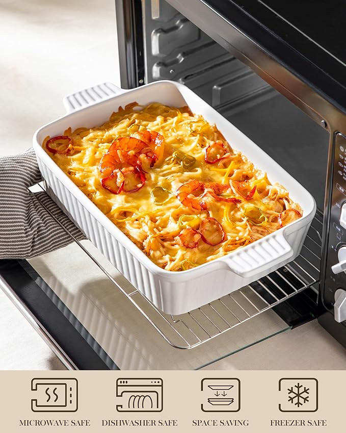 MALACASA 4.4 QT Baking Dish, 9x13 Large Casserole Dish for Oven, Ceramic Baking Pan, Rectangular Lasagna Pan Deep with Handles for Baking, Durable Microwave Oven Safe, Wedding Gift,White, Series BAKE-BAKE