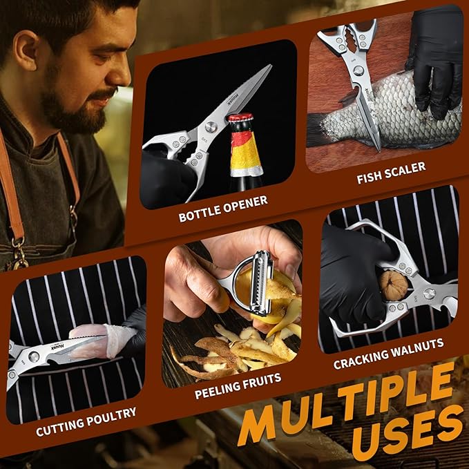 HUUSK Kitchen Scissors and Vegetable Peeler Set - Silver Stainless Steel Cooking Kitchen Shears for Food with Serrated Peeler, Heavy Duty Japanese Style Dishwasher Safe Meat Scissors for all Purpose