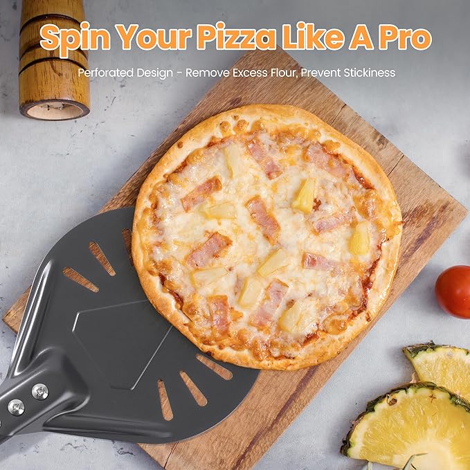6” Pizza Turning Peel - Extra Long Handle Pizza Turner - Restaurant-Grade Aluminum Perforated Pizza Peel Lightweight Metal Outdoor Pizza Oven Accessories