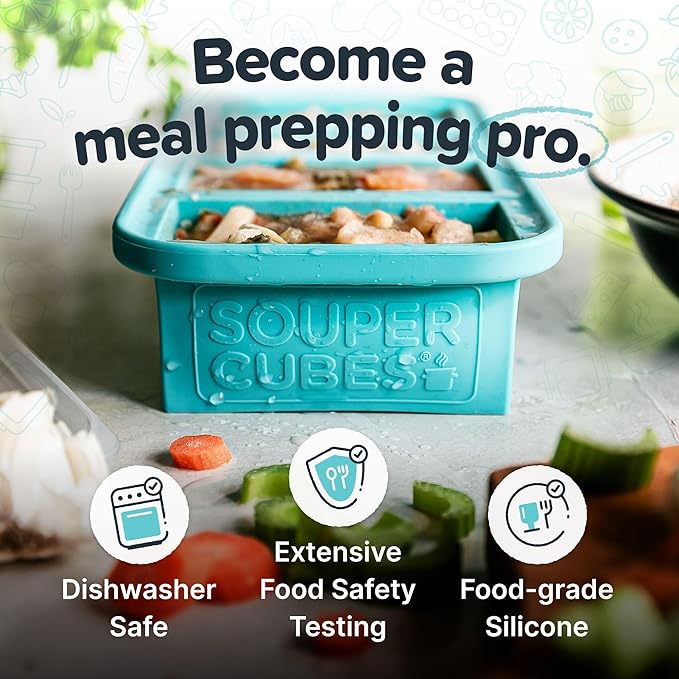 Souper Cubes 1 Cup Silicone Freezer Molds - Soup Cubes Perfect for Freezing Broth, Rice, Leftovers and More - Silicone Freezer Trays with Lids for Meal Prep - Aqua - 1-Pack