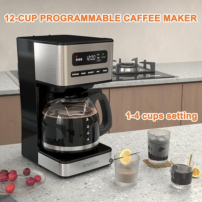 12-Cup Programmable Coffee Maker, Regular & Strong Brew Drip Coffee Machine, 1-4 Cup and Ice Coffee Setting, 24H Timer, Auto Shut-Off, Keep Warm, Pause & Serve