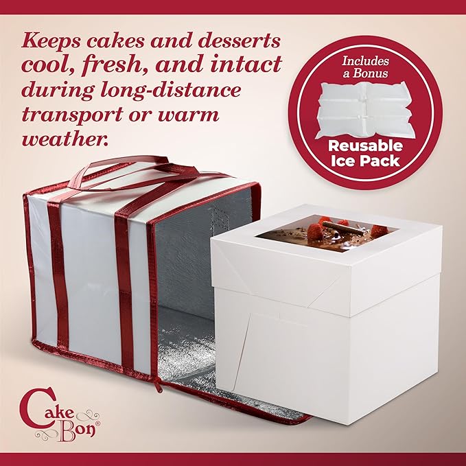 Cakebon Cake Box and Boards, 8-Inch Round Black Wrapped Edges 1/2- Inch Thick Drums with Insulated Bag and Ice Pack – Cake Transport Set, Cooler for Cake Delivery and Transport (1pc Each, 4pcs Total)