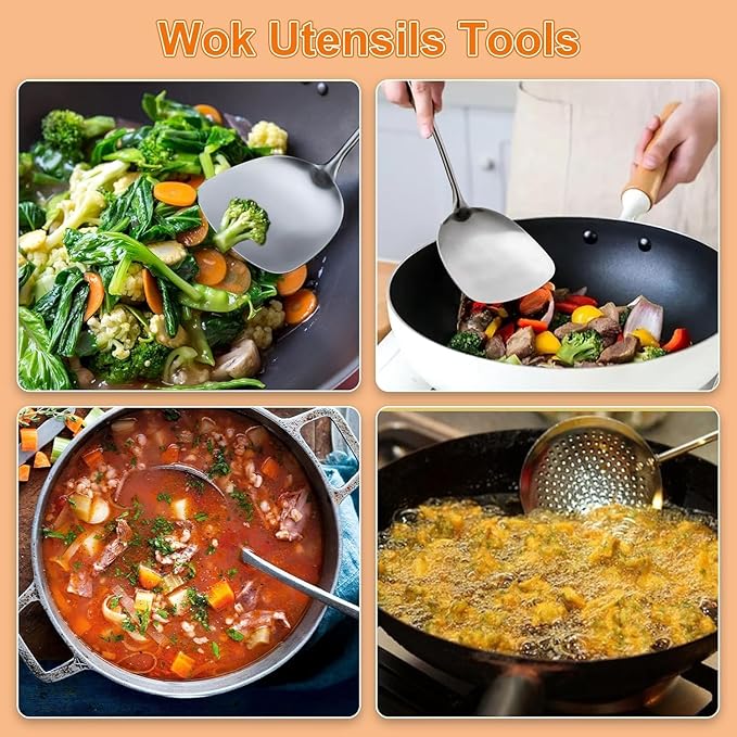 FJNATINH Wok Utensils - Wok Spatula Metal Set, 4-Pieces 14-15 Inch Extra Long, Wok Tools Professional Set, Wooden Handle Skimmer, Soup Ladle, Slotted Turner
