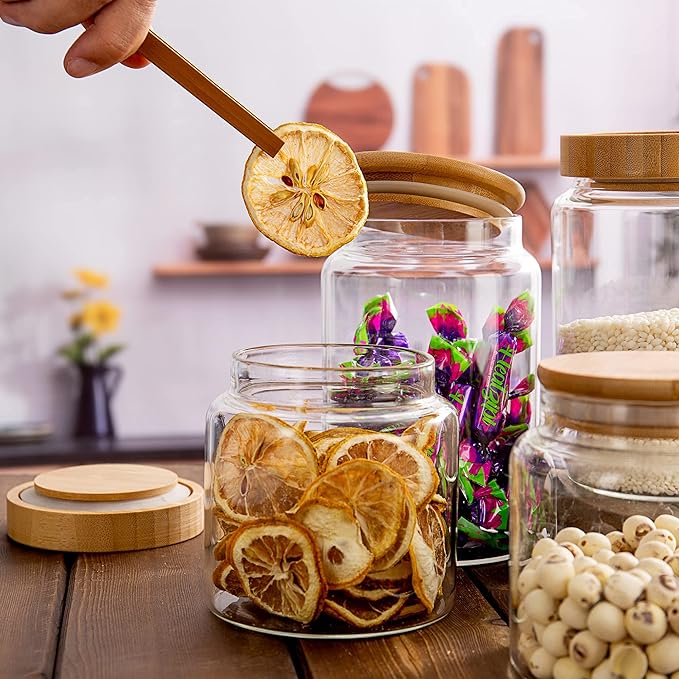 900ML/30Oz Clear Cute Glass Storage Canister Holder with Airtight Bamboo Lid, Modern Decorative Medium Container Jar for Coffee, Spice, Candy, Salt, Cookie, Condiment, Pepper, Sugar
