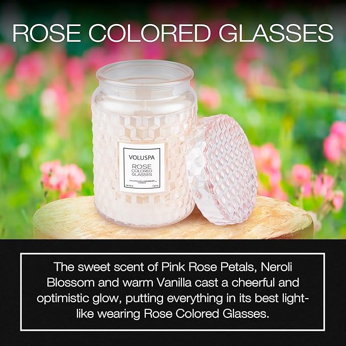 Voluspa Rose Colored Glasses, Large Candle Jar, 18 Ounce, 100 Hour Burn Time, Coconut Wax for Clean Burning, Handcrafted in The USA