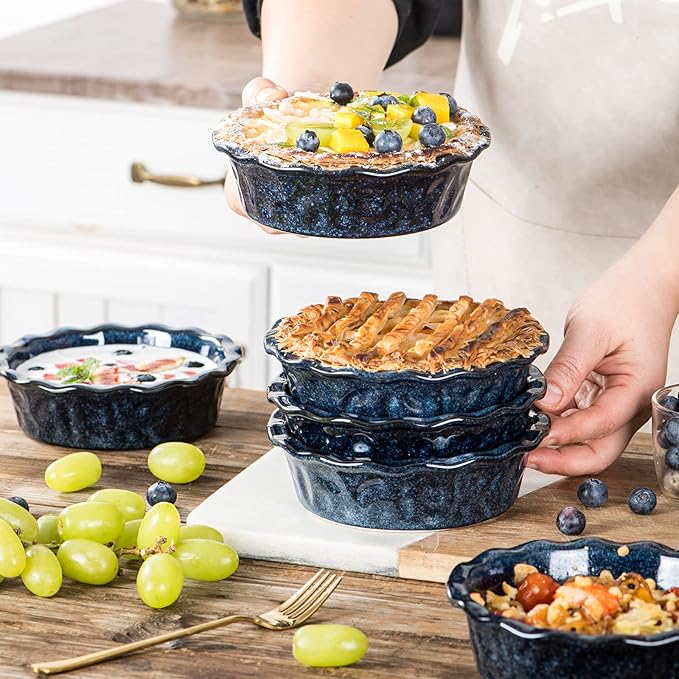 vicrays Ceramic Pie Pan for Baking - 5.5 inch Small Pie Plates Deep Dish Round Pot Casserole Mini Serving Bowl, Microwave Oven Safe for Dessert Apple Pie Cake Tart Pizza, Set of 6 - Blue
