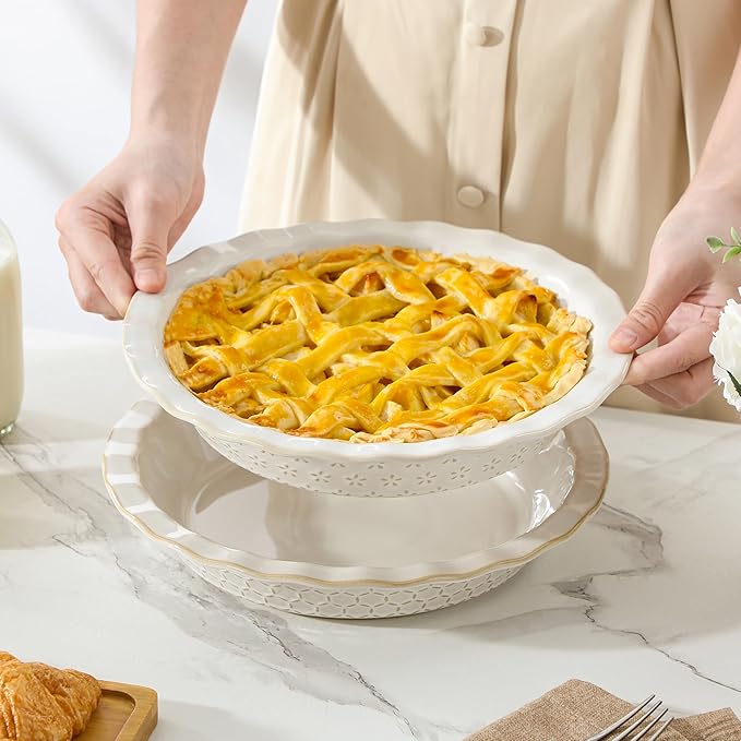 MALACASA 9 Inch Pie Pan, Embossed Deep Dish Plate, 45 OZ Round Quiche Baking Dish for Oven, Fluted for Apple Pie and Quiche, Set of 2, Series LYDIA