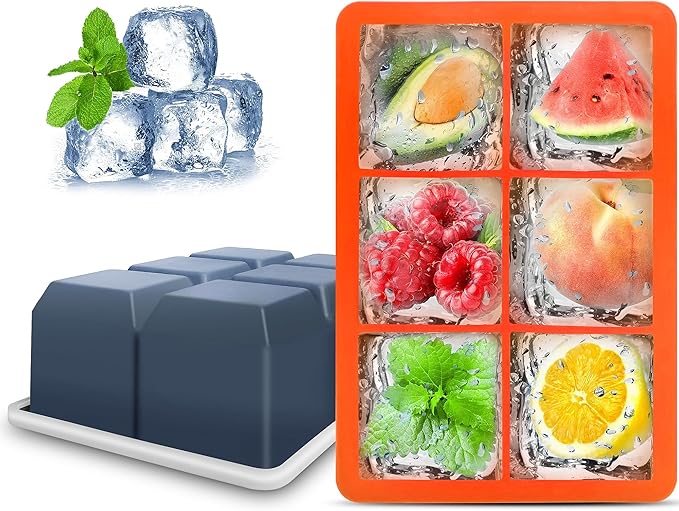 Silicone Ice Cube Trays with Lids,Large Square Ice Cube Molds for Freezer, Whiskey, Cocktail, Stackable Flexible and Reusable & Easy Release BPA Free (2 Pack&Dark Gray and Orange)