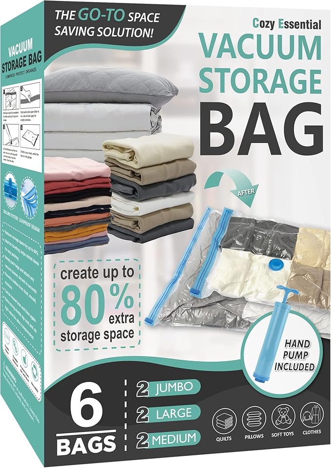 6 Pack Vacuum Storage Bags, Space Saver Bags (2 Jumbo/2 Large/2 Medium) Compression Storage Bags for Comforters and Blankets, Vacuum Sealer Bags for Clothes Storage, Hand Pump Included
