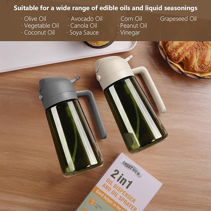 Olive Oil Dispenser and Oil Sprayer – 16oz/470ml Glass Light-Proof Oil Pourer for Kitchen, Air Fryer, Cooking, Salad, and BBQ