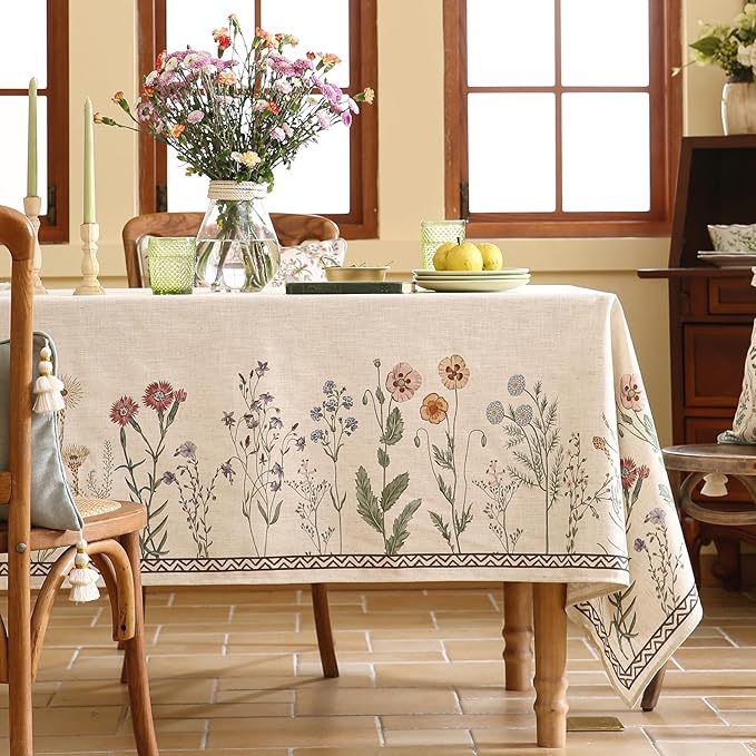ISAENNE Designer Off White Linen Long Rectangle Tablecloth,Floral Elegant Table Cloth,Stain Resistant Vintage Decor Tablecloths for Dining Thanksgiving Kitchen Christmas,63"*102"-Serenity G