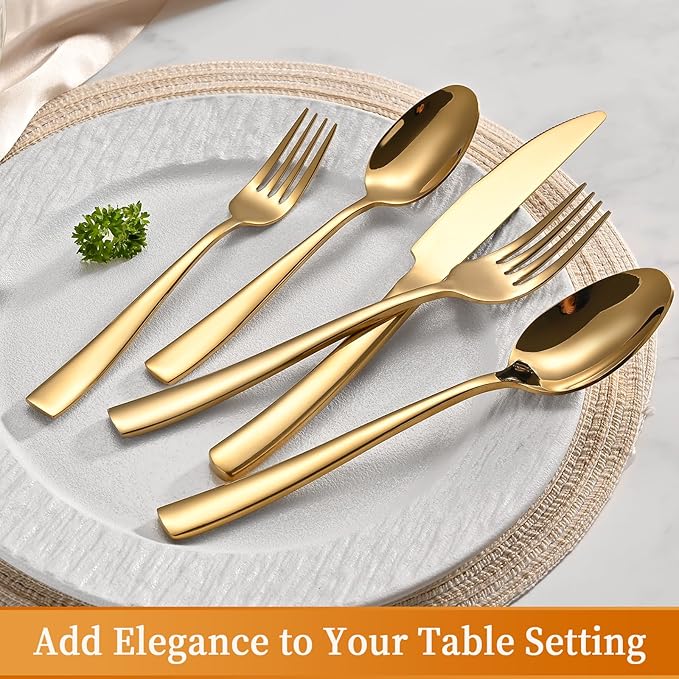 20-Piece Gold Silverware Set, Heavy Duty Stainless Steel Flatware Cutlery Set Service for 4, Food-Grade Utensil Sets for Home Restaurant, Dishwasher Safe