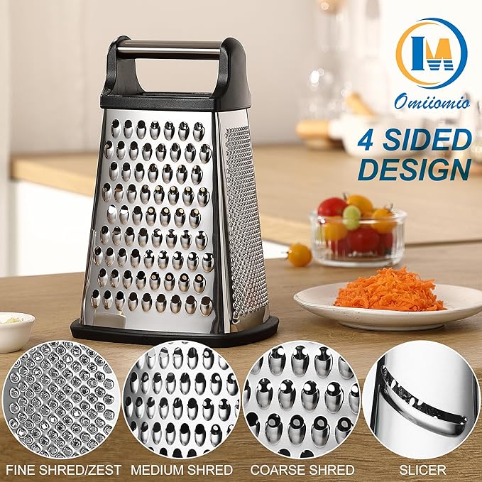 Professional Cheese Grater - Stainless Steel, XL Size, 4 Sides - Perfect Box Grater for Parmesan Cheese, Vegetables, Ginger - Dishwasher Safe - Black