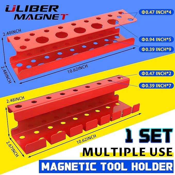 ULIBERMAGNET Magnetic Screwdriver Holder,Magnetic Wrench Holder,Heavy Duty Red Metal Hand Tool Storage Organizer,Set of 2 Magnetic Mount Tool Holder for Garage,Workbench,Tool Cart,PegBoard