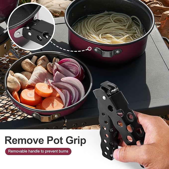 Odoland 5pcs Camping Cookware Non-Stick Camping Pot and Pan Set with Kettle and Removable Handle for Hiking Backpacking and Picnic