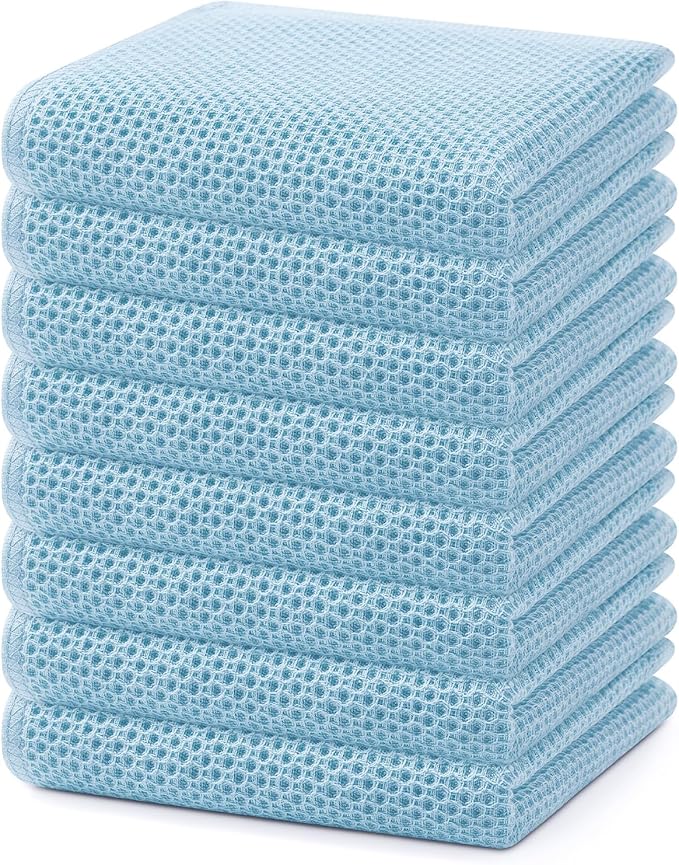 Homaxy 100% Cotton Waffle Weave Kitchen Dish Towels, Ultra Soft Absorbent Quick Drying Cleaning Towel, 13 x 28 Inches, 8-Pack, Sky Blue