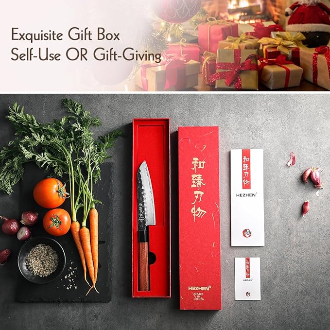 HEZHEN 5.5 Inches Santoku Knife, Three-layer Clad Steel, Professional small Japanese Chef Knife, Ultra Sharp Blade, Red Wood Octagonal Handle