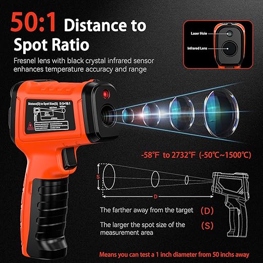'-58°F to 2732°F Infrared Thermometer IR Laser Gun 50:1, Digital Temperature Gun/K-Type Probe -4°F~932°F, Humidity Sensor, High-Temp Pyrometer for Kiln, Forge, Furnace, Industrial Use