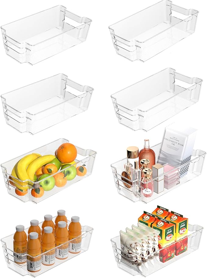 Clear Refrigerator Storage Bins, 8-Piece Set, Stackable Kitchen Organizer Containers for Fridge and Pantry (Clear 8 Pack-12.4"*6.1"*3.4")