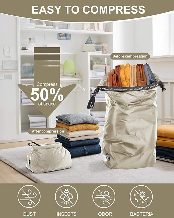 Travel Laundry Bag, Pump Free Vacuum Storage Bag Reusable Compression Dirty Clothes Travel Bag Waterproof Wet Dry Bags Large Capacity Space Saver Bags Camp Clothes Organizer (1 Pcs)(Gray, L)