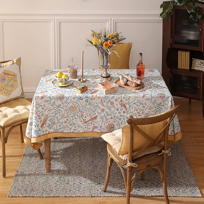 patdrea Designer Vintage French Tablecloth for Rectangle Table,Floral Birds Pattern Linen Table Cloth,Yellow Decor Cover for Kitchen Dining Banquet,Christmas,Thanksgiving,63"x110"-Magnolia