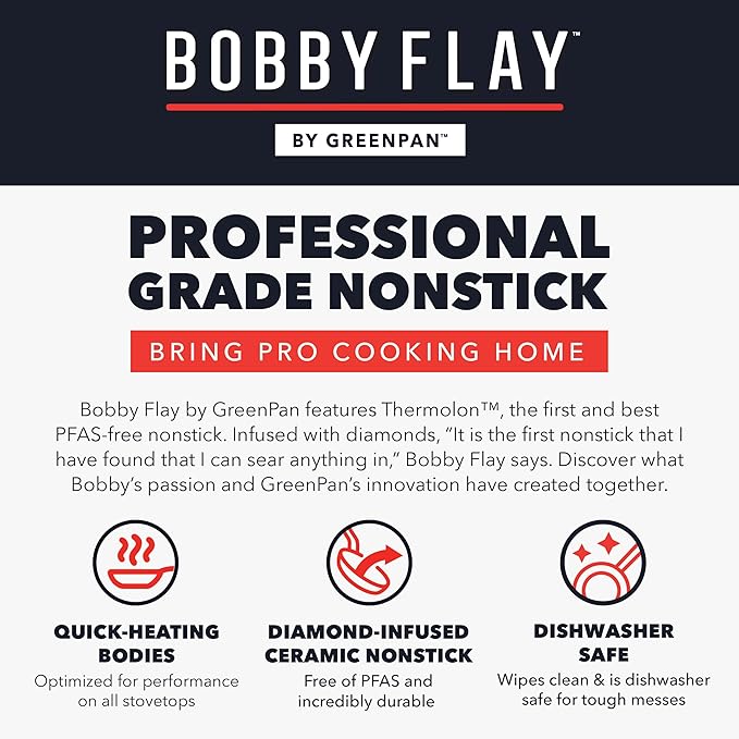 GreenPan x Bobby Flay 10" Nonstick Frying Pan Skillet, PFAS-Free Diamond Ceramic, Induction Suitable, Stay-Cool Silicone Handle, Easy Clean Dishwasher & Oven Safe, Egg & Omelet Pan, Graphite