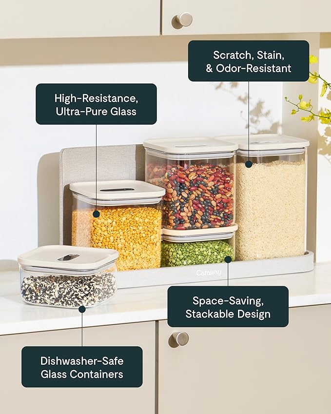 Caraway 14-Piece Glass Airtight Food Storage Containers with Lids – Non-Toxic, BPA-Free Kitchen Storage Containers – Stackable, Space-Saving Airtight Containers for Dry Goods and More - Gray