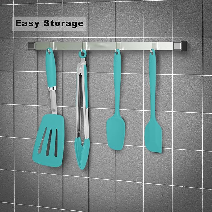 Silicone Spatulas Set Turners Tongs Cooking Utensils Set High Heat Resistant Kitchen Scraper Spatulas for Cooking Mixing Baking BPA Free Dishwasher Safe, Aqua Sky