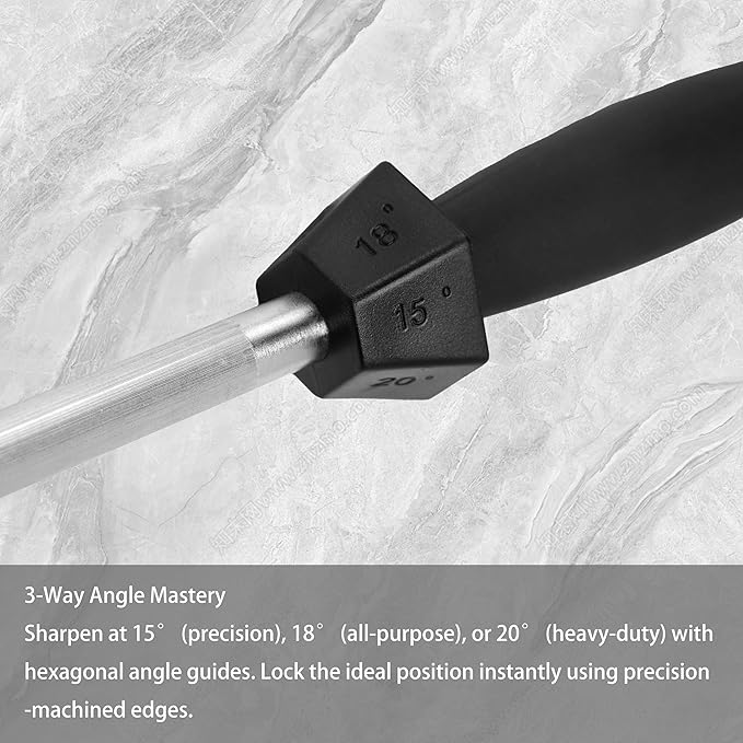 Knife Sharpener Knife Sharpening Rod Honing Steel with 15°-18°-20°Angle Guides Professional Carbon Steel with Black Rubber Grip for Kitchen Chef House Gift 12''