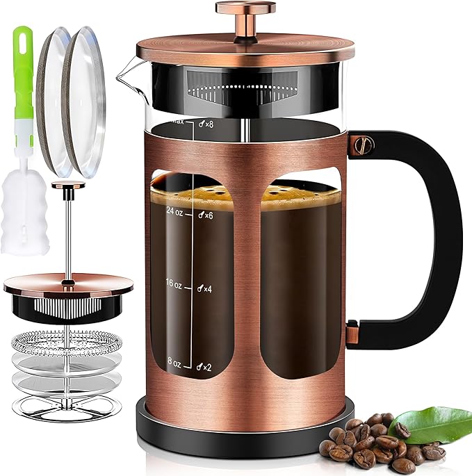French Press Coffee Maker (34oz 1Quart 5-6Cup) Coffee Press, with 4 Filters System, Heat Resistant Thickness Borosilicate Glass, Cold Brew Coffee Tea Pot Gifts (Copper)