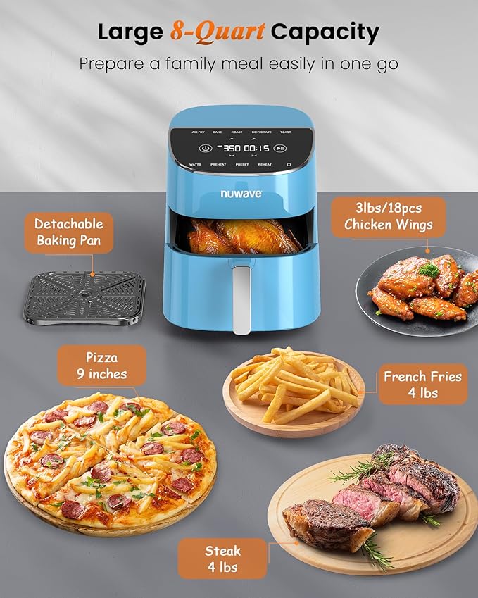 Nuwave Brio Plus Air Fryer 8 Qt, New & Improved, PFAS-FREE, 7 Digital One-Touch Cook Functions that AIR FRY, BAKE, ROAST, DEHYDRATE, TOAST, REHEAT, PREHEAT, 150 Presets, 50°F~400°F (Cozy Blue)