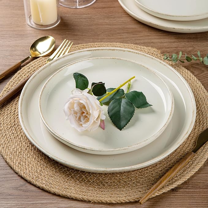 AmorArc Ceramic Dinnerware Sets for 4, 12 Pieces Handpainted Plates and Bowls Set with Rustic Terracotta Underside, Scratch Resistant Stoneware Dishes Set, Dishwasher & Microwave Safe, Beige