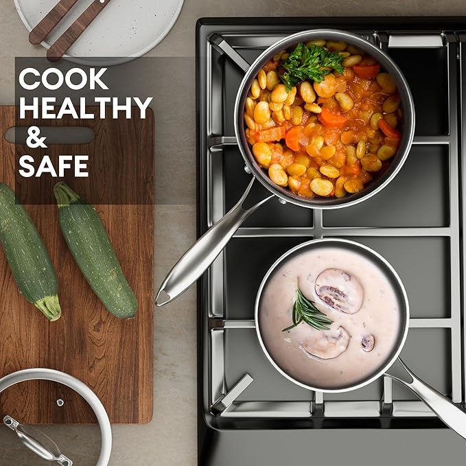 COOKER KING Hybrid Nonstick 6 Pcs Pot Set, 1.5 & 2QT Saucepan and 5-Quart Pots with Glass Lids, Induction Stainless Steel Cookware, Stay-Cool Handles, Dishwasher Safe, Compatible with All Cooktops