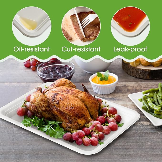 ECOLipak 100 Pack 14 Inch Disposable Food Crawfish Trays, Compostable Large Paper Plates, Disposable Thanksgiving Trays for Serving Food, Turkey, BBQ, Seafood Boil Party Supplies(White)