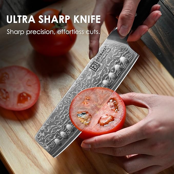KEEMAKE Nakiri Knife 7in Ultra Sharp Meat Cleaver and Vegetable Chopper, Damascus Kitchen Knives with Full Tang G10 Ergonomic Handle, Japanese Knife for Kitchen