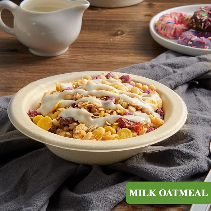 Vplus 500 Pack 12 OZ Paper Bowls Bulk, Disposable Compostable, Eco-friendly Bagasse, Heavy-duty Bowls Perfect for Milk Cereals, Snacks, Salads Nature